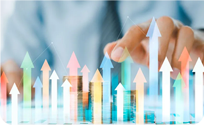 Hand pointing at digital growth arrows